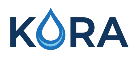 KORA — navy wordmark with a blue water drop as the O